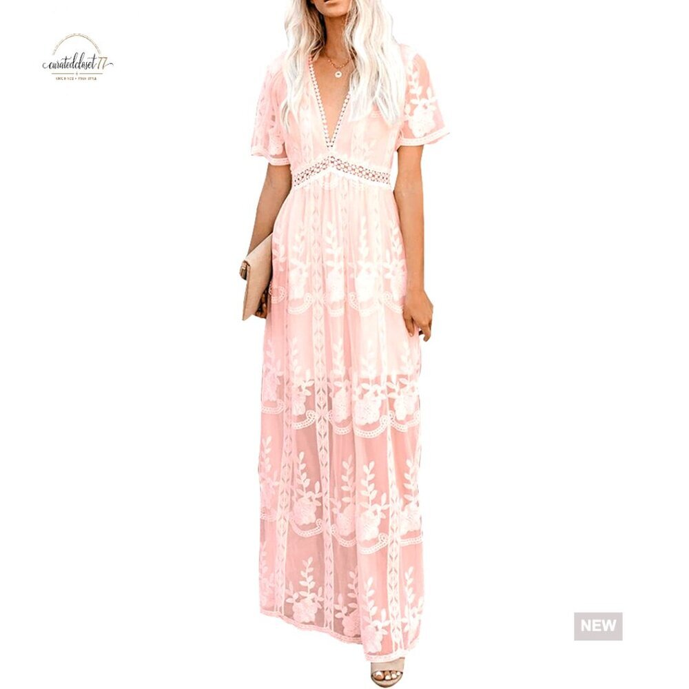 Deep V Neck Short Sleeve Floral Lace Maxi Dress Formal A-Line